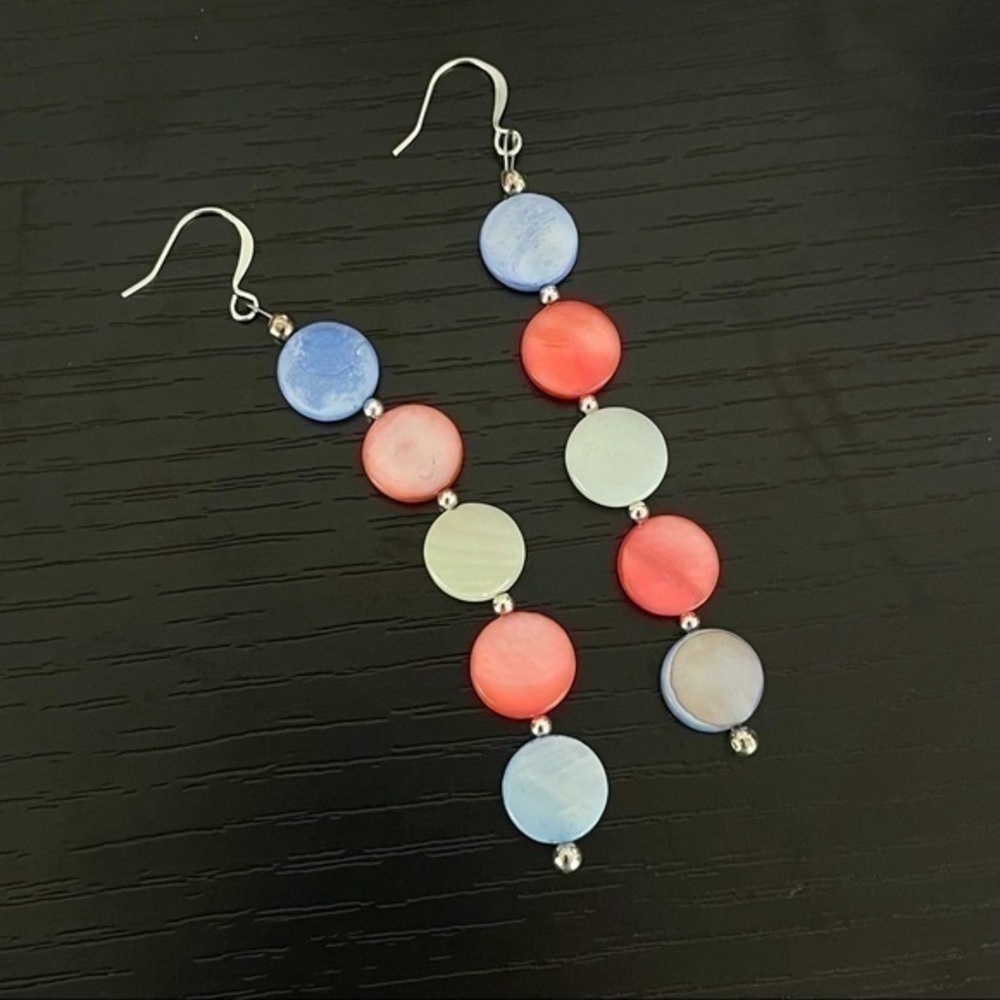 $10 SALE Trans Pride Flag Round Shell Dangle Earrings 3.5” Handmade - Picture 4 of 5